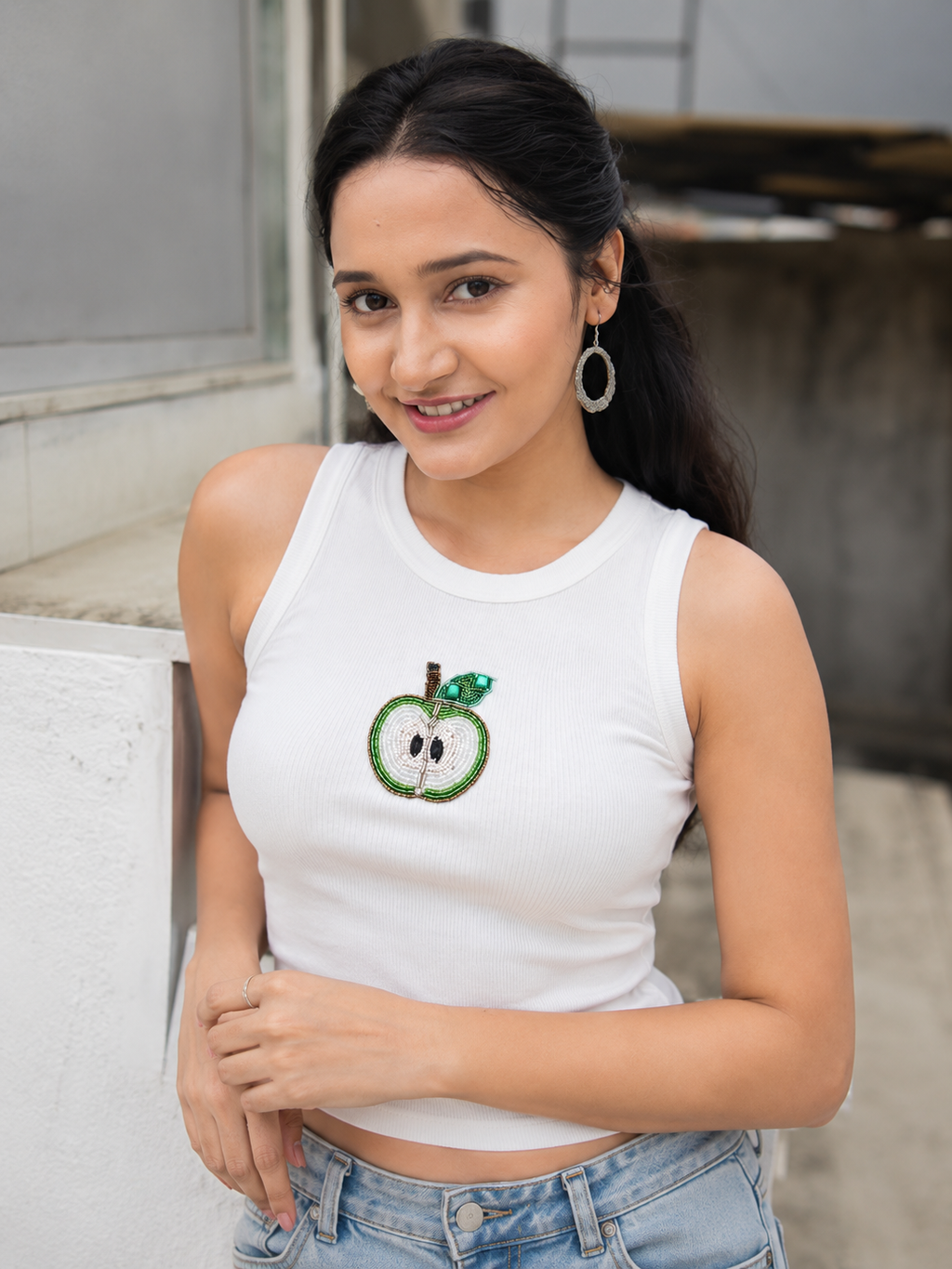Emerald Apple Beaded Tank Top – Luxury Embellished Crop Top for Women