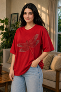 Red Dragonfly Luxury Embellished Oversized Tee – Hand Crafted T-Shirt for Women