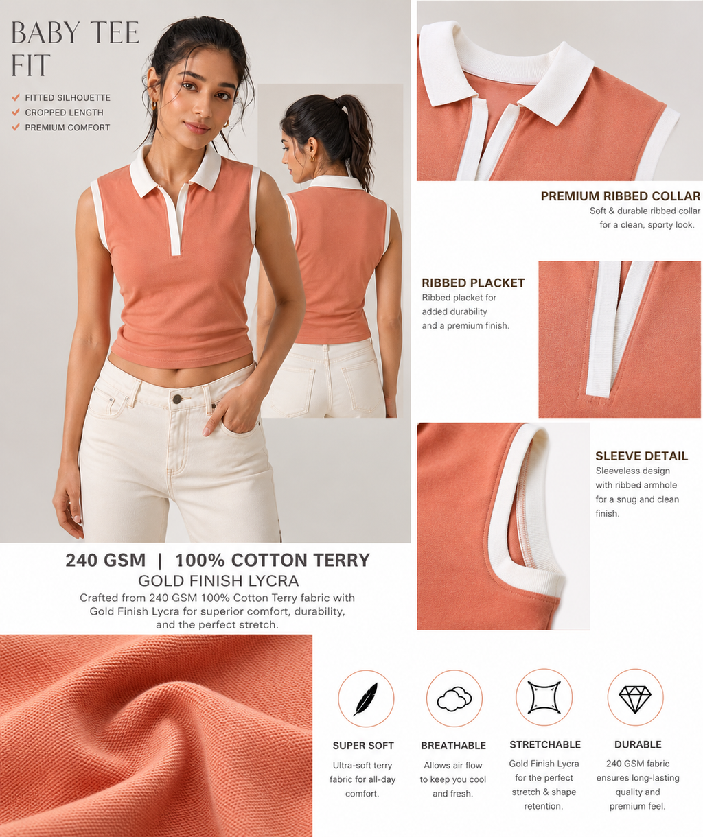 Prefit Women's Premium Baby Tee Polo Top | 240 GSM 100% Cotton Terry Gold Finish Lycra | Ribbed Collar & Placket | Sleeveless Slim Fit