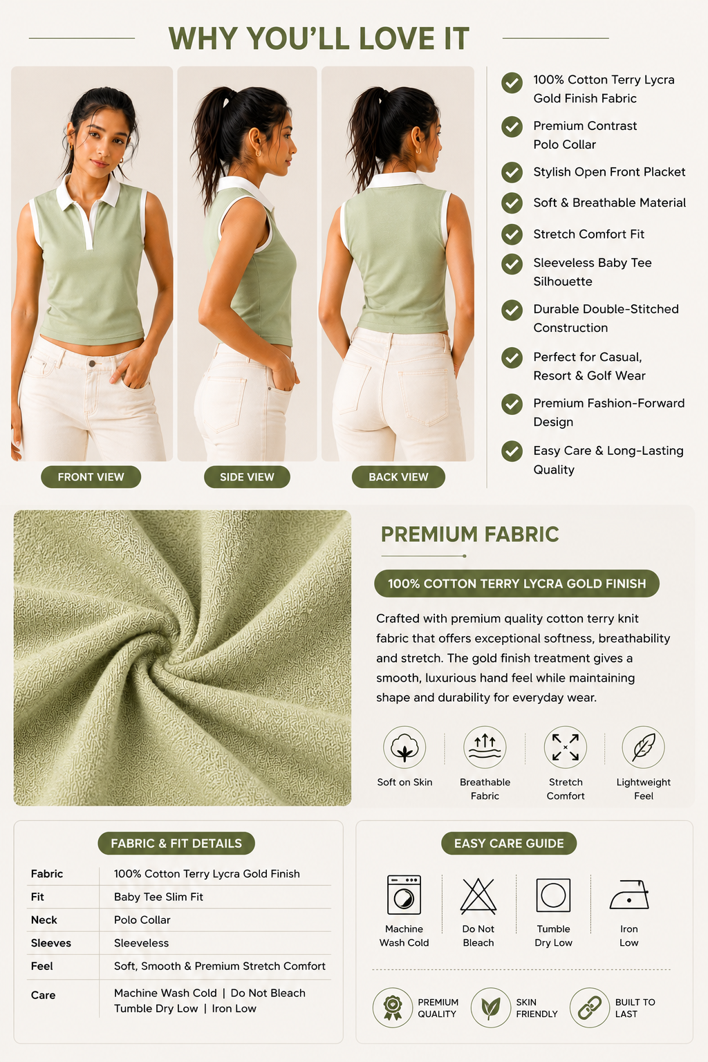 Prefit Women's Premium Baby Tee Polo Top | 240 GSM 100% Cotton Terry Gold Finish Lycra | Ribbed Collar & Placket | Sleeveless Slim Fit