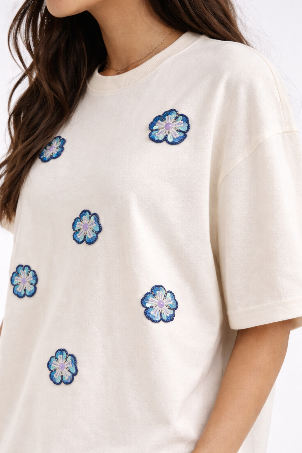Azure Bloom Luxury Embellished Tee – Floral Beadwork Oversized Top for Women