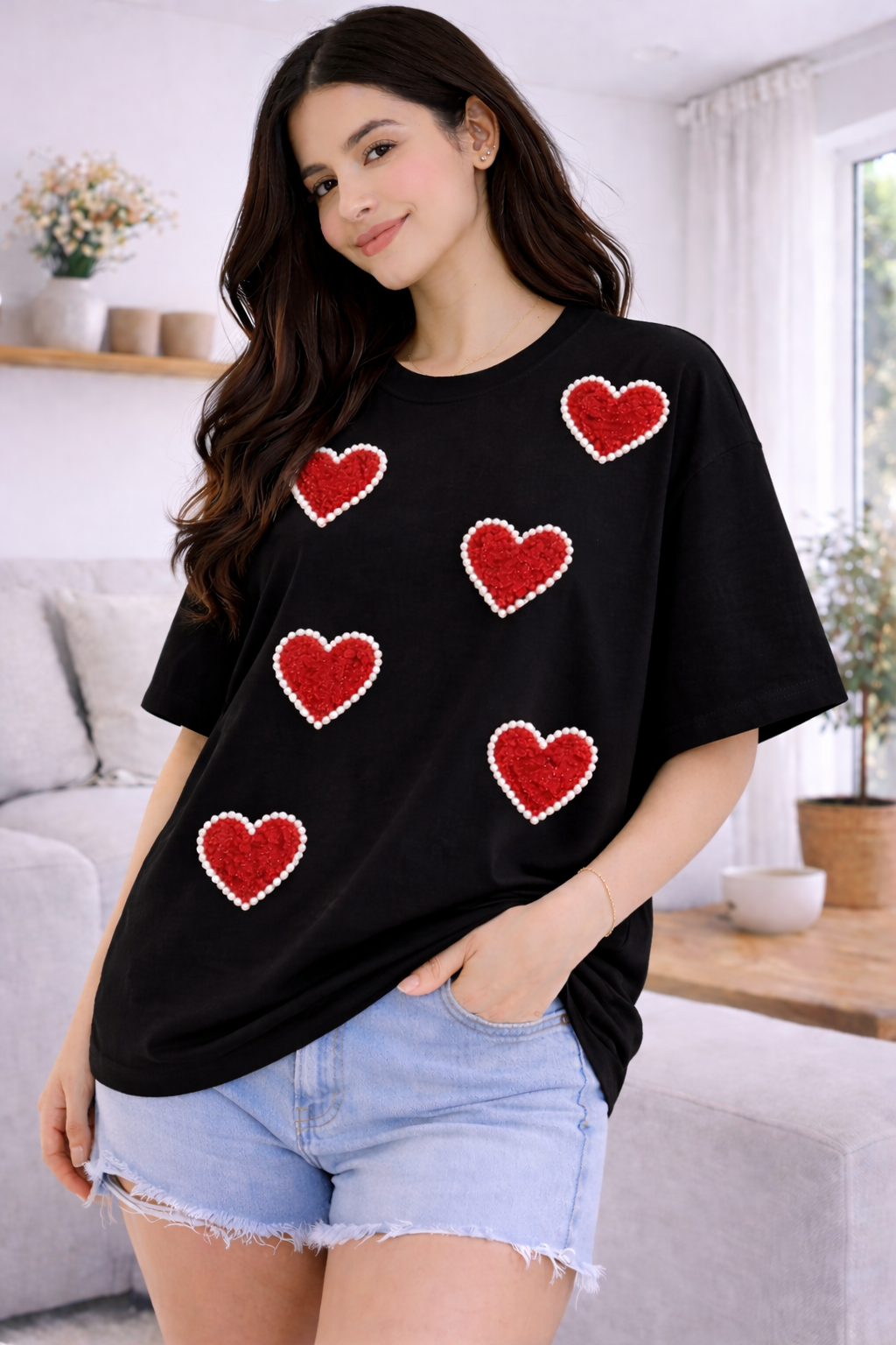 Scarlet Heart Luxury Tee Black – Hand Embellished Oversized T-Shirt for Women