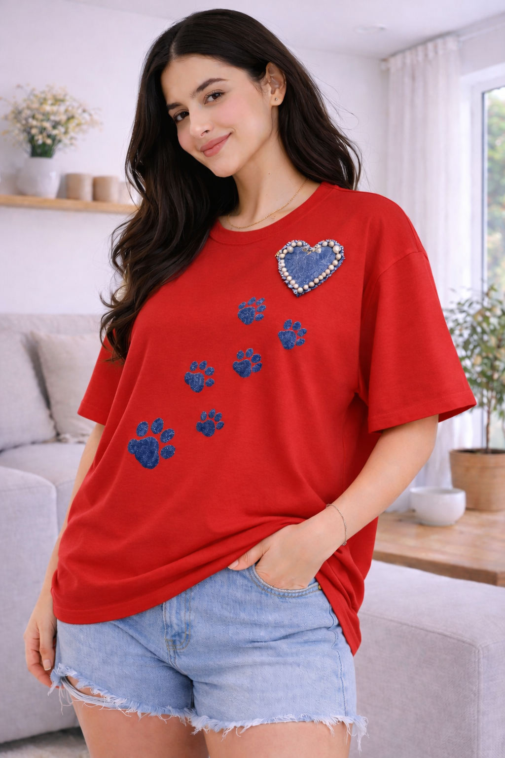 Wild Vibe Luxury Oversized Tee Red – Paw Print Embellished T-Shirt for Women