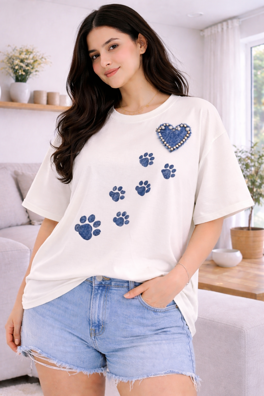 Wild Vibe Luxury Oversized Tee Off White – Embellished T-Shirt for Women