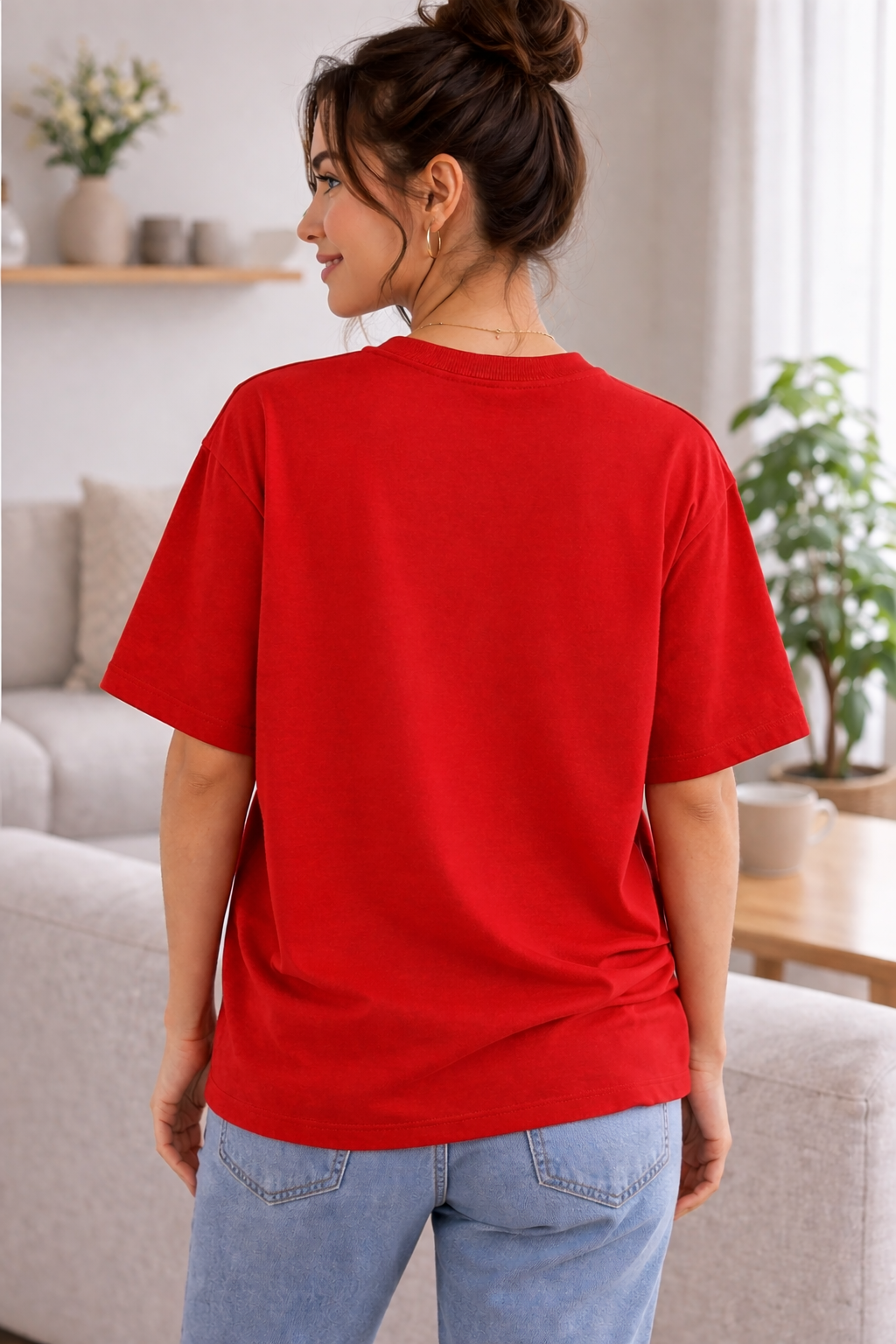 Scarlet Patchwork Heart Luxury Tee – Red Denim Patch Oversized T-Shirt for Women