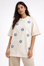Azure Bloom Luxury Embellished Tee – Floral Beadwork Oversized Top for Women