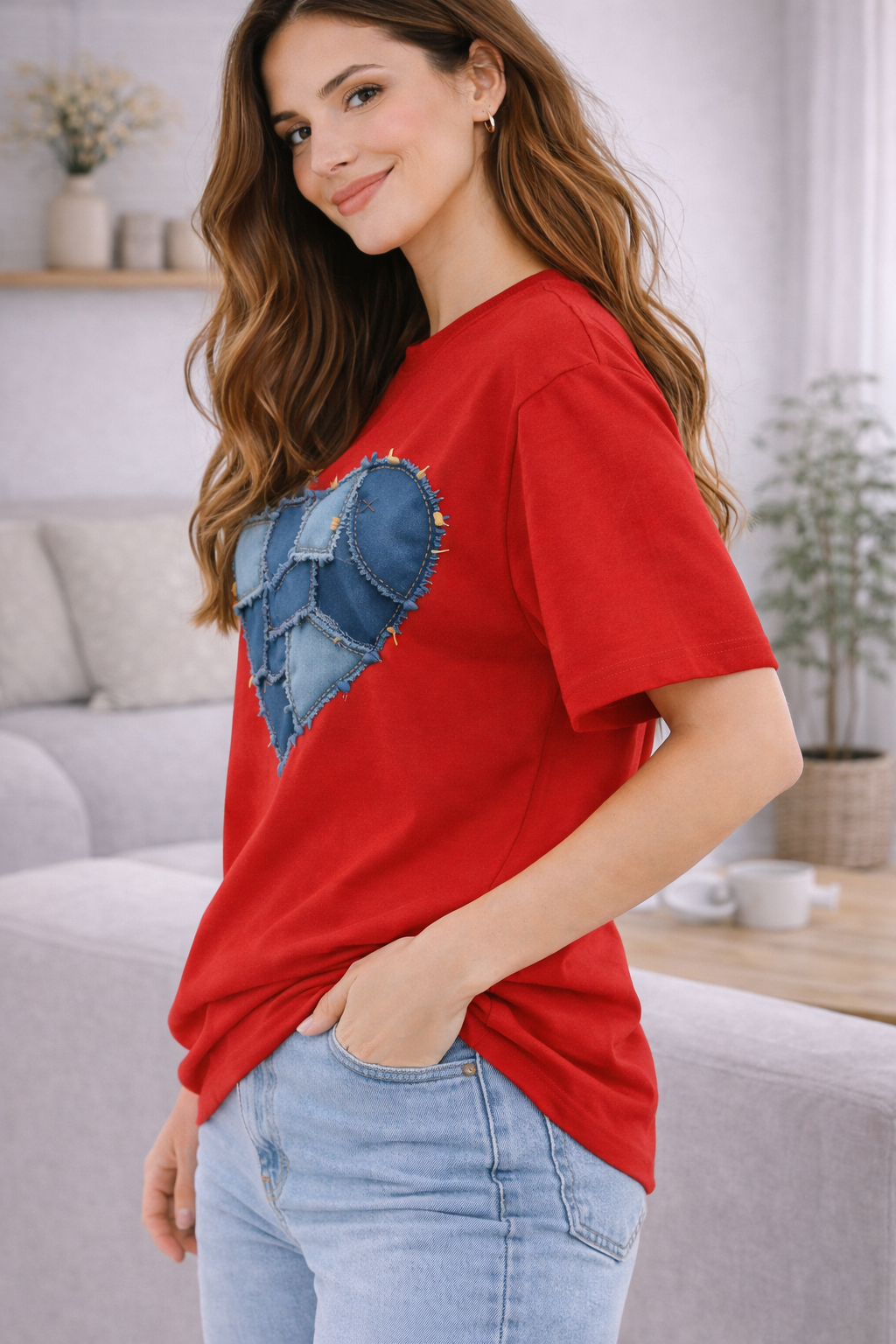 Scarlet Patchwork Heart Luxury Tee – Red Denim Patch Oversized T-Shirt for Women