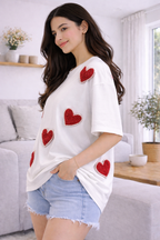 Scarlet Heart Luxury Tee Off White – Hand Embellished Oversized T-Shirt for Women