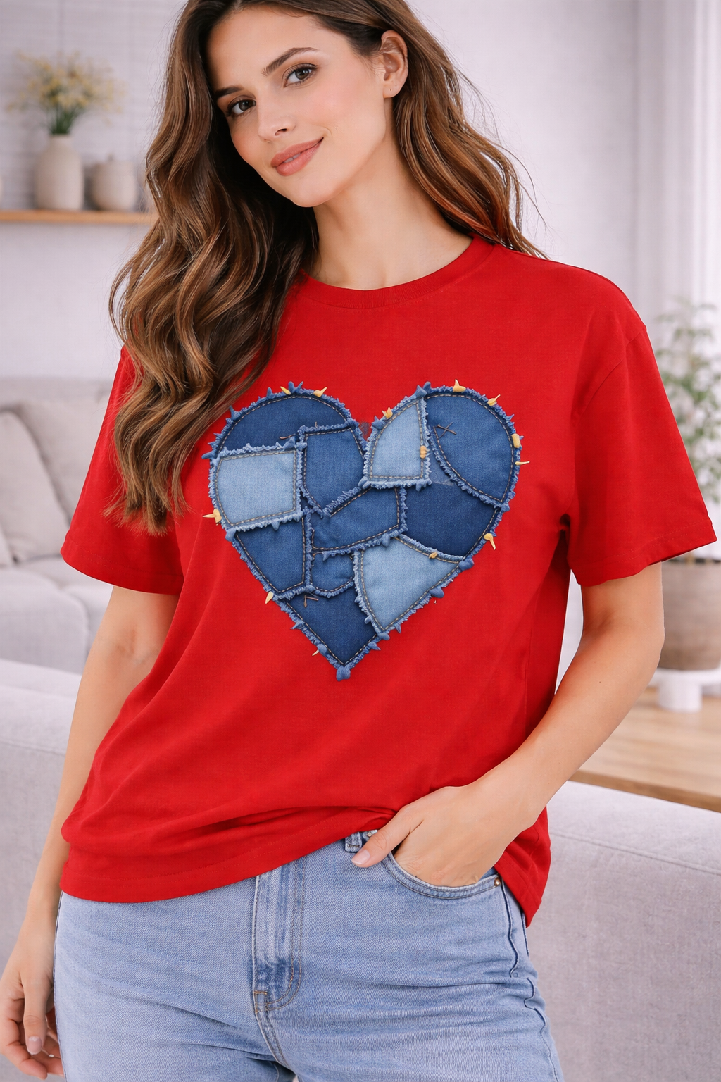 Scarlet Patchwork Heart Luxury Tee – Red Denim Patch Oversized T-Shirt for Women