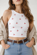 Cherry Crush Luxury Ribbed Tank – Hand Embroidered Crop Top for Women