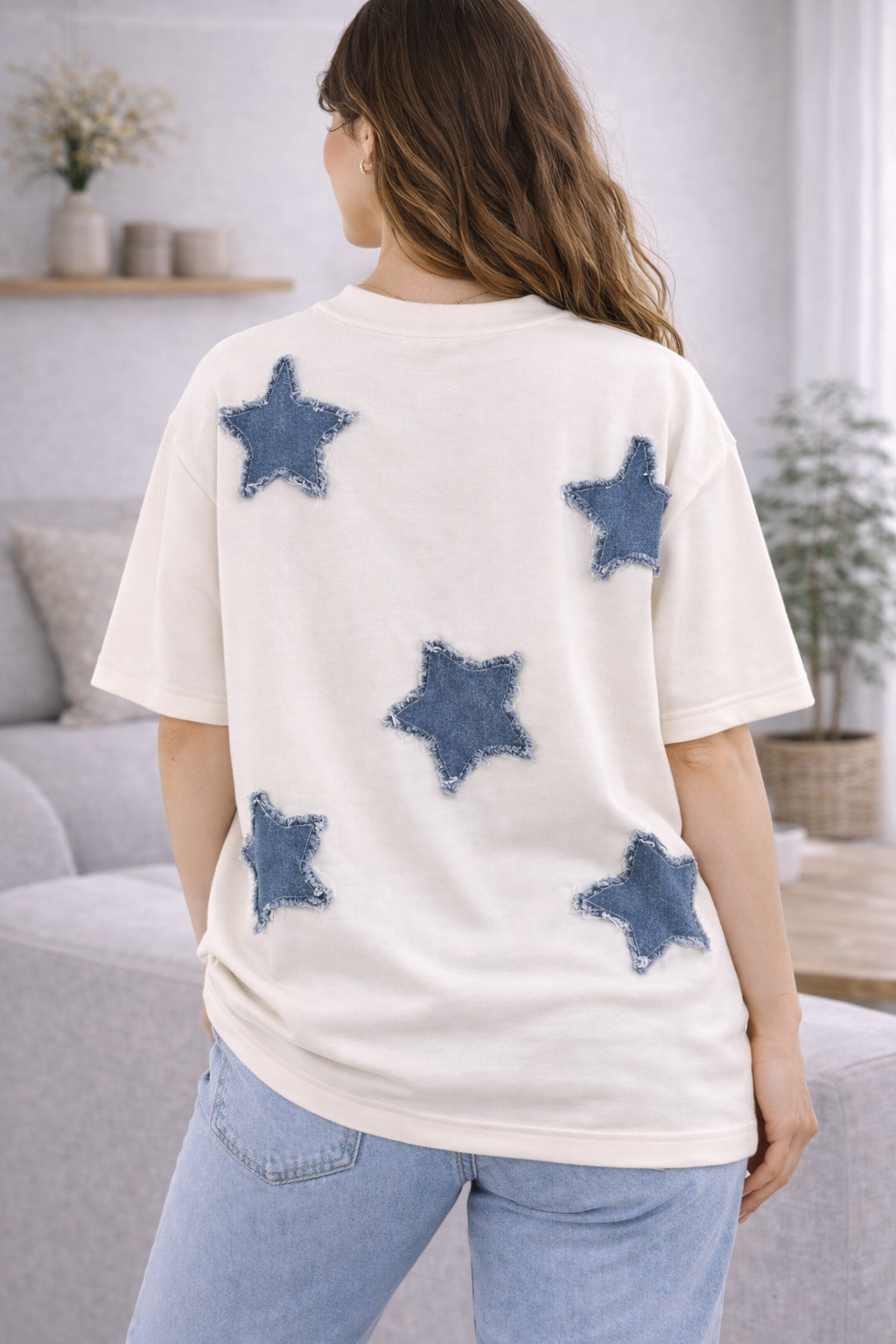 Denim Star Luxury Embellished Tee Off White – Premium Oversized T-Shirt for Women