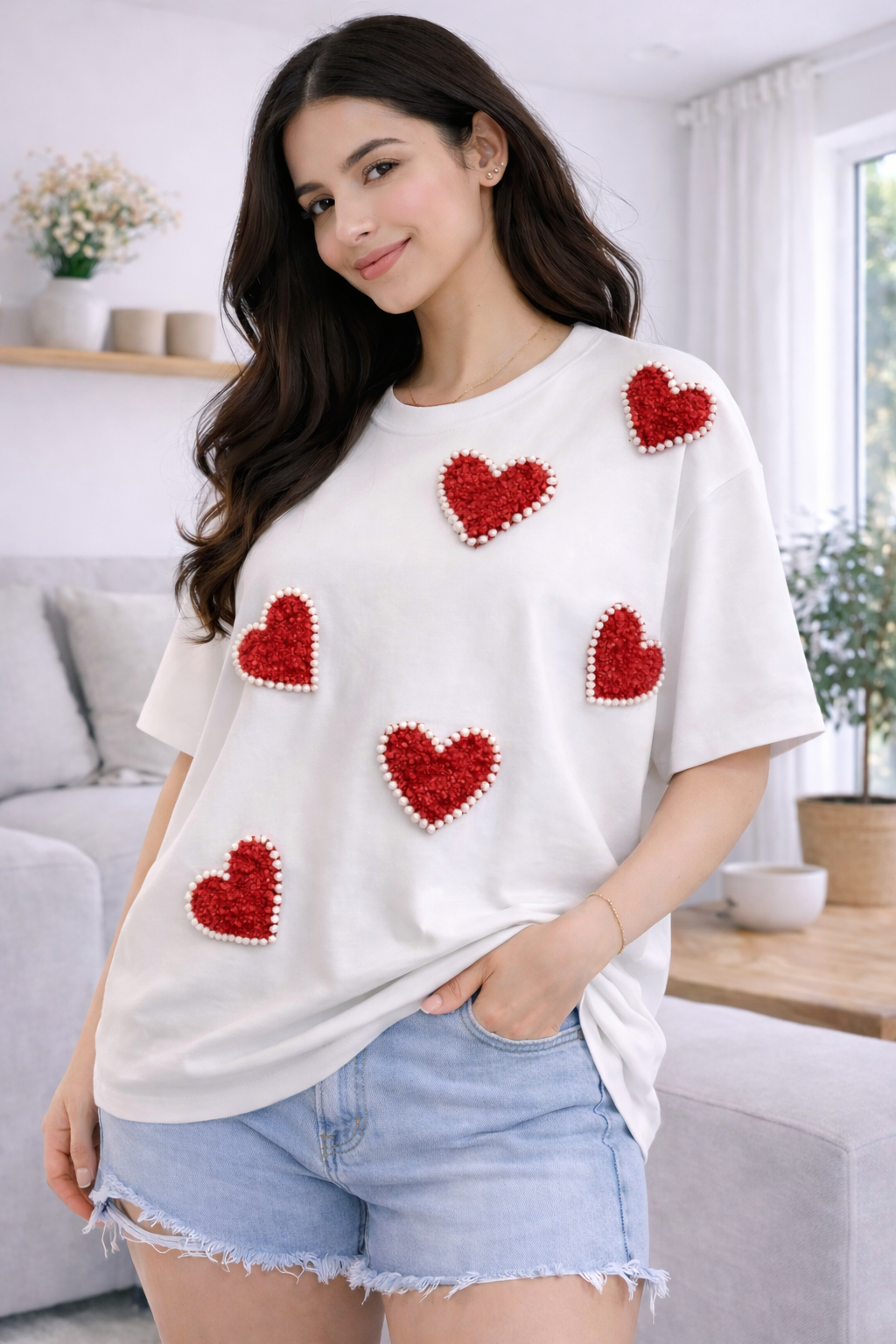 Scarlet Heart Luxury Tee Off White – Hand Embellished Oversized T-Shirt for Women
