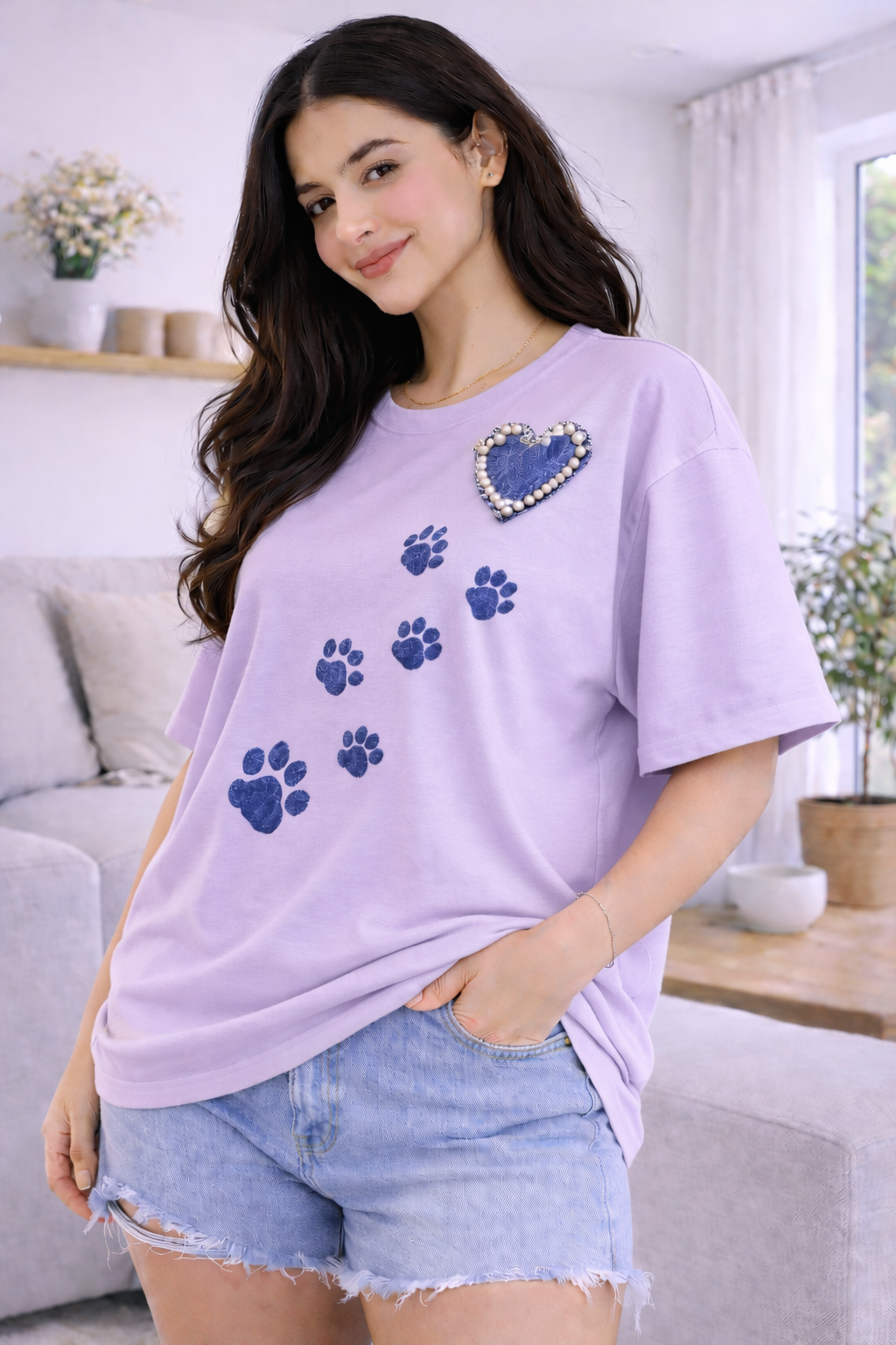 Wild Vibe Luxury Oversized Tee Lavender – Embellished T-Shirt for Women