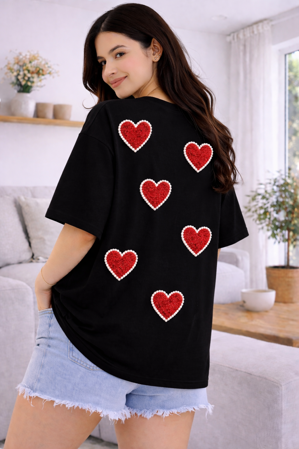 Scarlet Heart Luxury Tee Black – Hand Embellished Oversized T-Shirt for Women