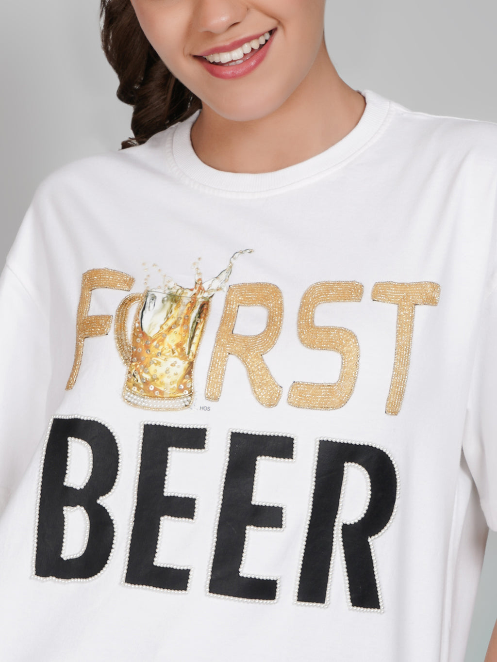 FIRST BEER – Hand Embellished Luxury Oversized T-Shirt