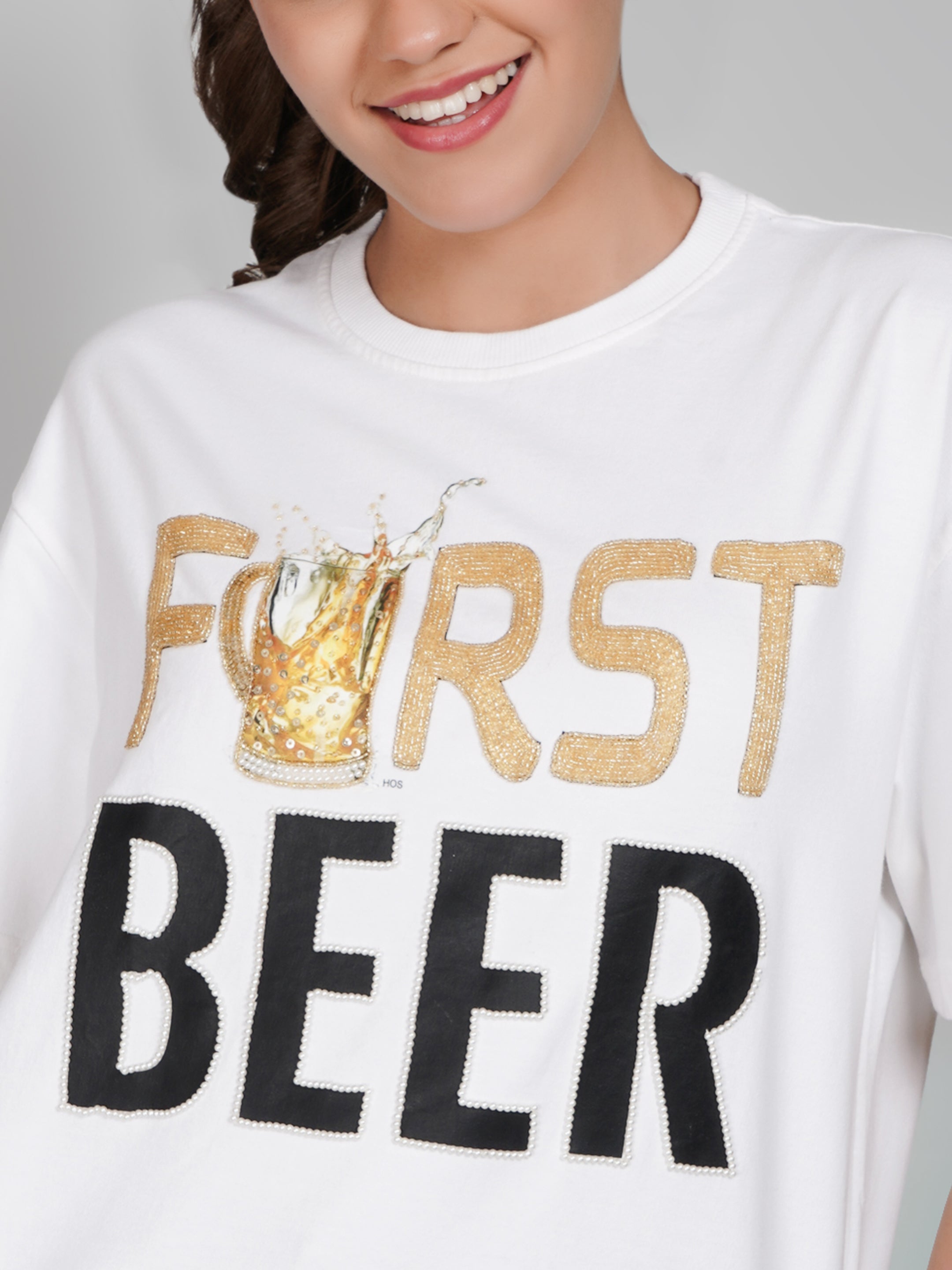 FIRST BEER – Hand Embellished Luxury Oversized T-Shirt