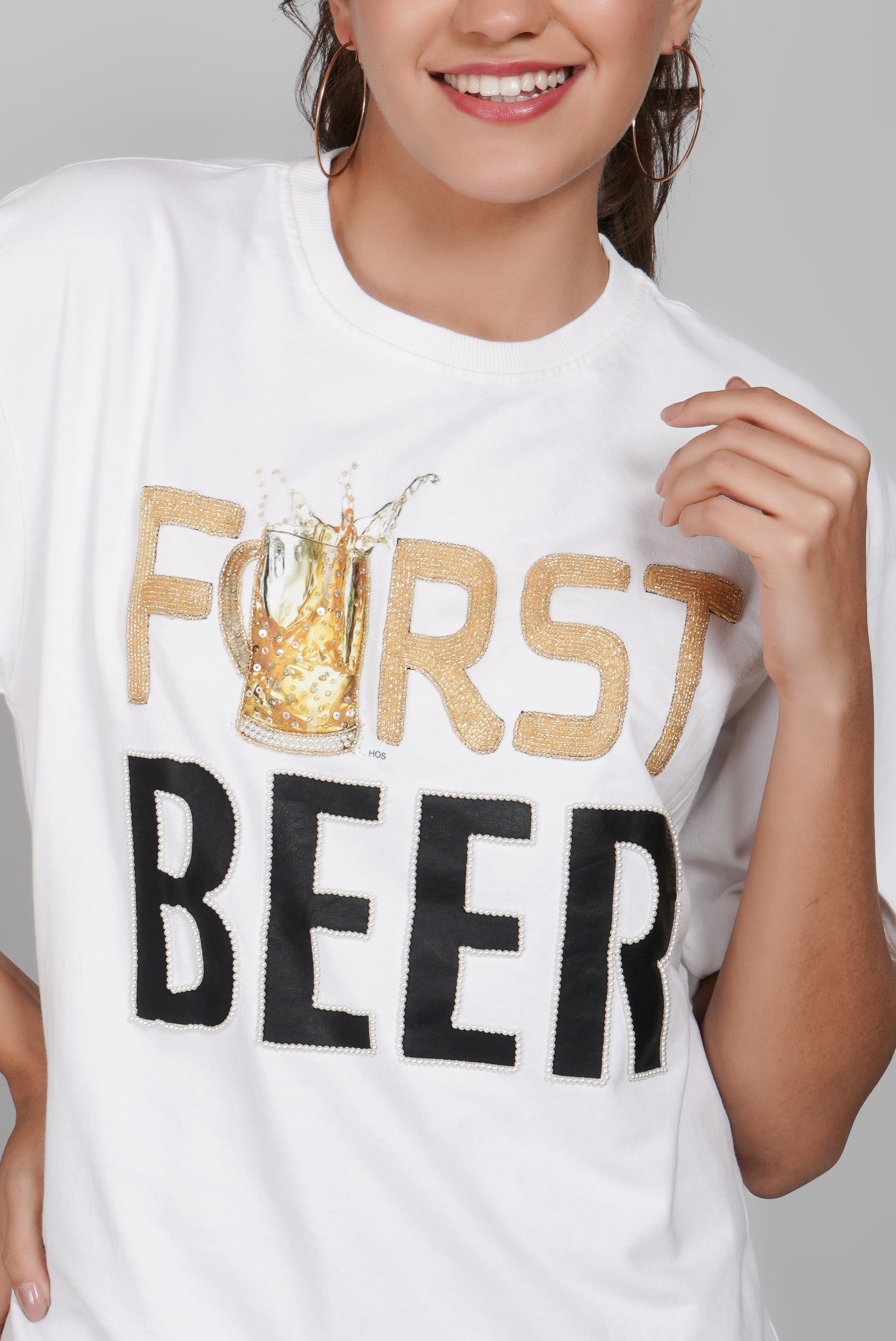 FIRST BEER – Hand Embellished Luxury Oversized T-Shirt