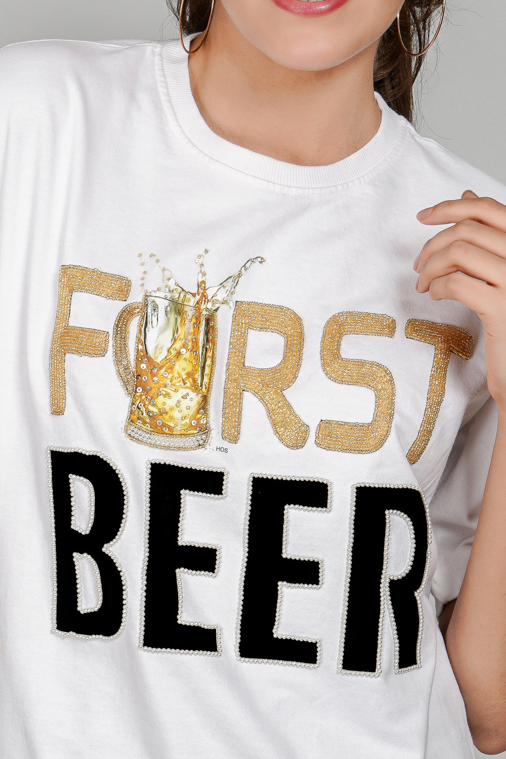 FIRST BEER – Hand Embellished Luxury Oversized T-Shirt
