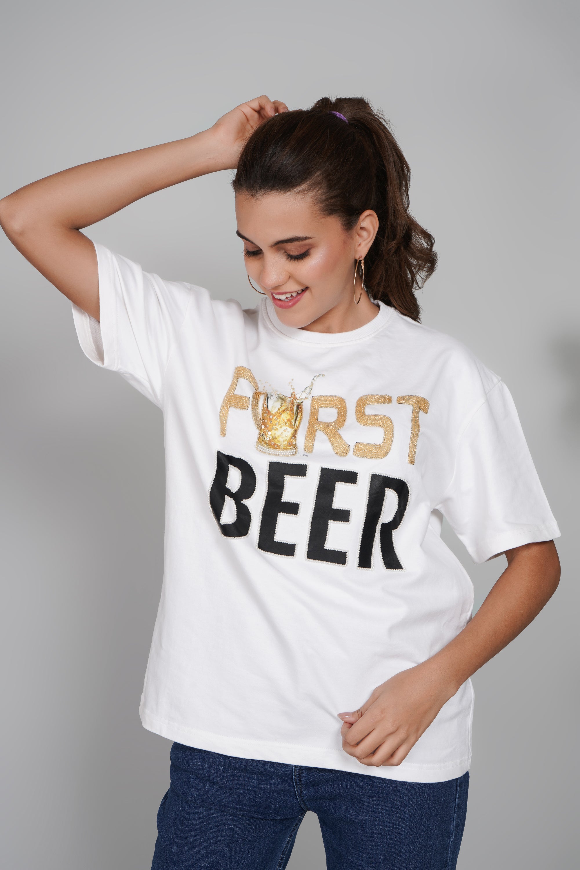 FIRST BEER – Hand Embellished Luxury Oversized T-Shirt