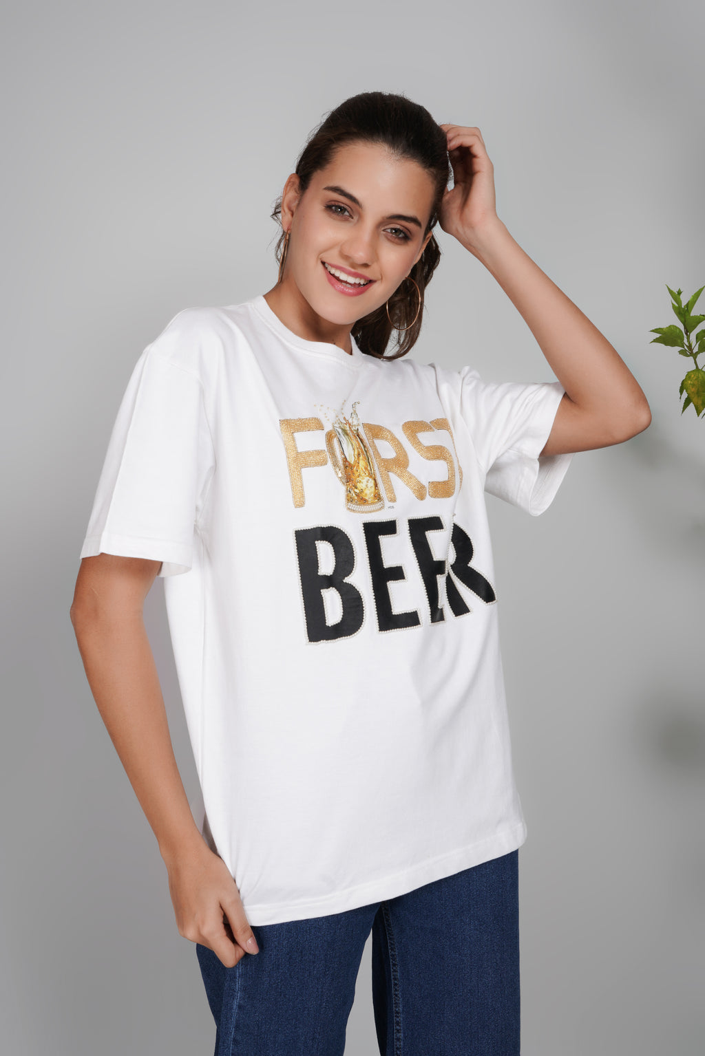 FIRST BEER – Hand Embellished Luxury Oversized T-Shirt