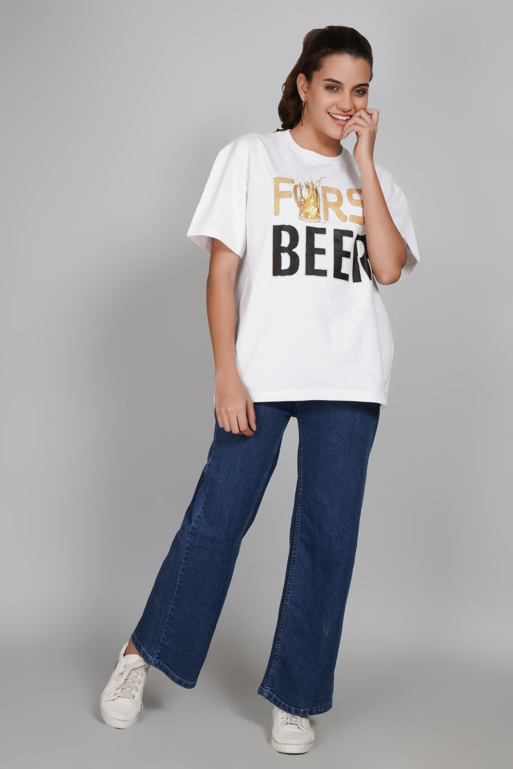FIRST BEER – Hand Embellished Luxury Oversized T-Shirt
