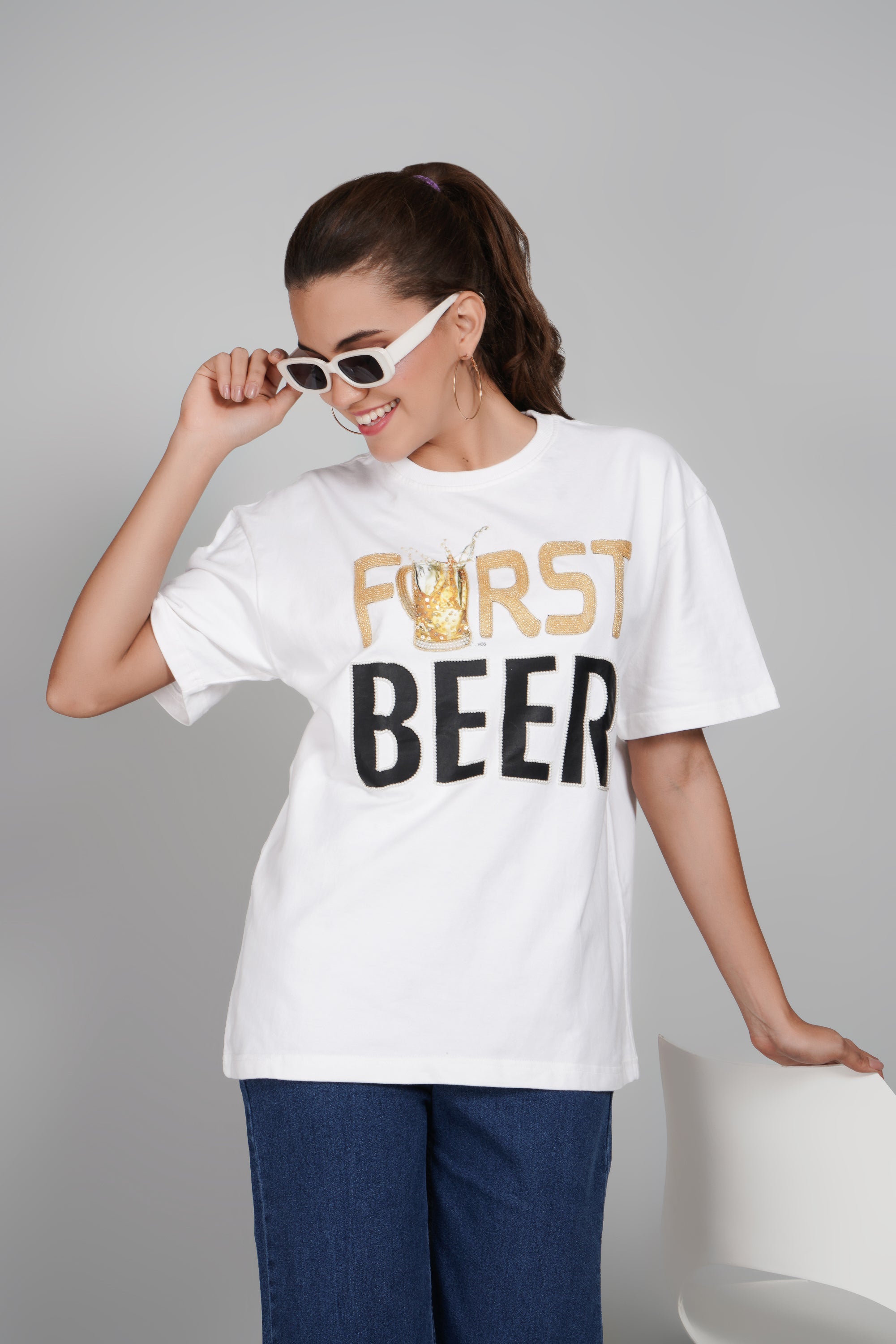 FIRST BEER – Hand Embellished Luxury Oversized T-Shirt