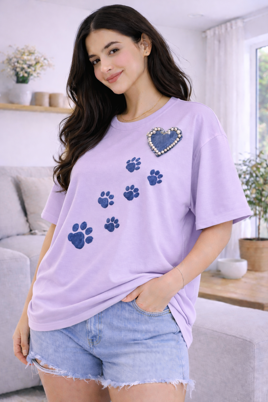 Wild Vibe Luxury Oversized Tee Lavender – Embellished T-Shirt for Women