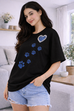 Wild Vibe Luxury Oversized Tee Black – Paw Print Embellished T-Shirt for Women