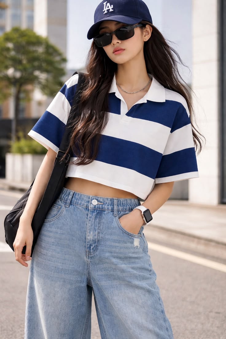 Varsity Stripe Luxury Crop Polo – Blue Striped Women's Top