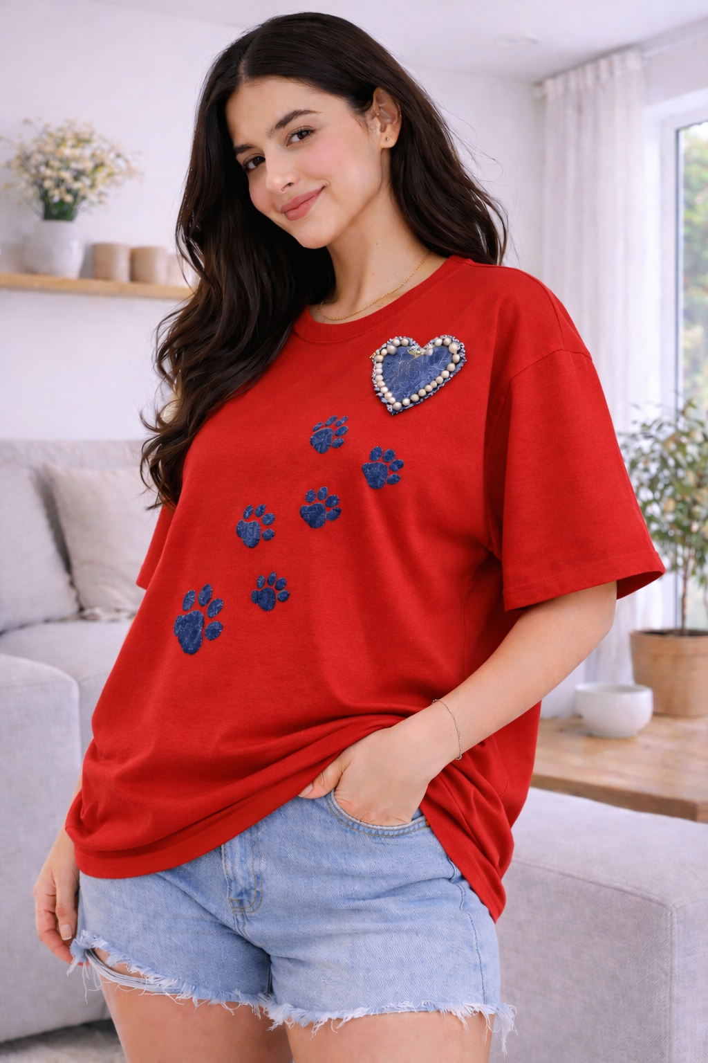 Wild Vibe Luxury Oversized Tee Red – Paw Print Embellished T-Shirt for Women