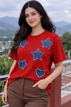 Denim Star Luxury Embellished Tee – Premium Oversized T-Shirt for Women