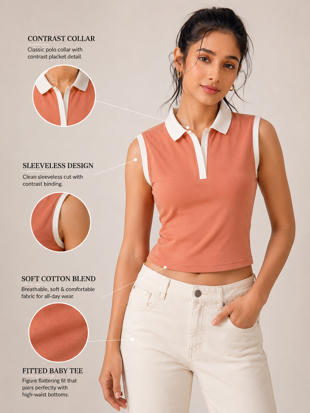 Prefit Women's Premium Baby Tee Polo Top | 240 GSM 100% Cotton Terry Gold Finish Lycra | Ribbed Collar & Placket | Sleeveless Slim Fit