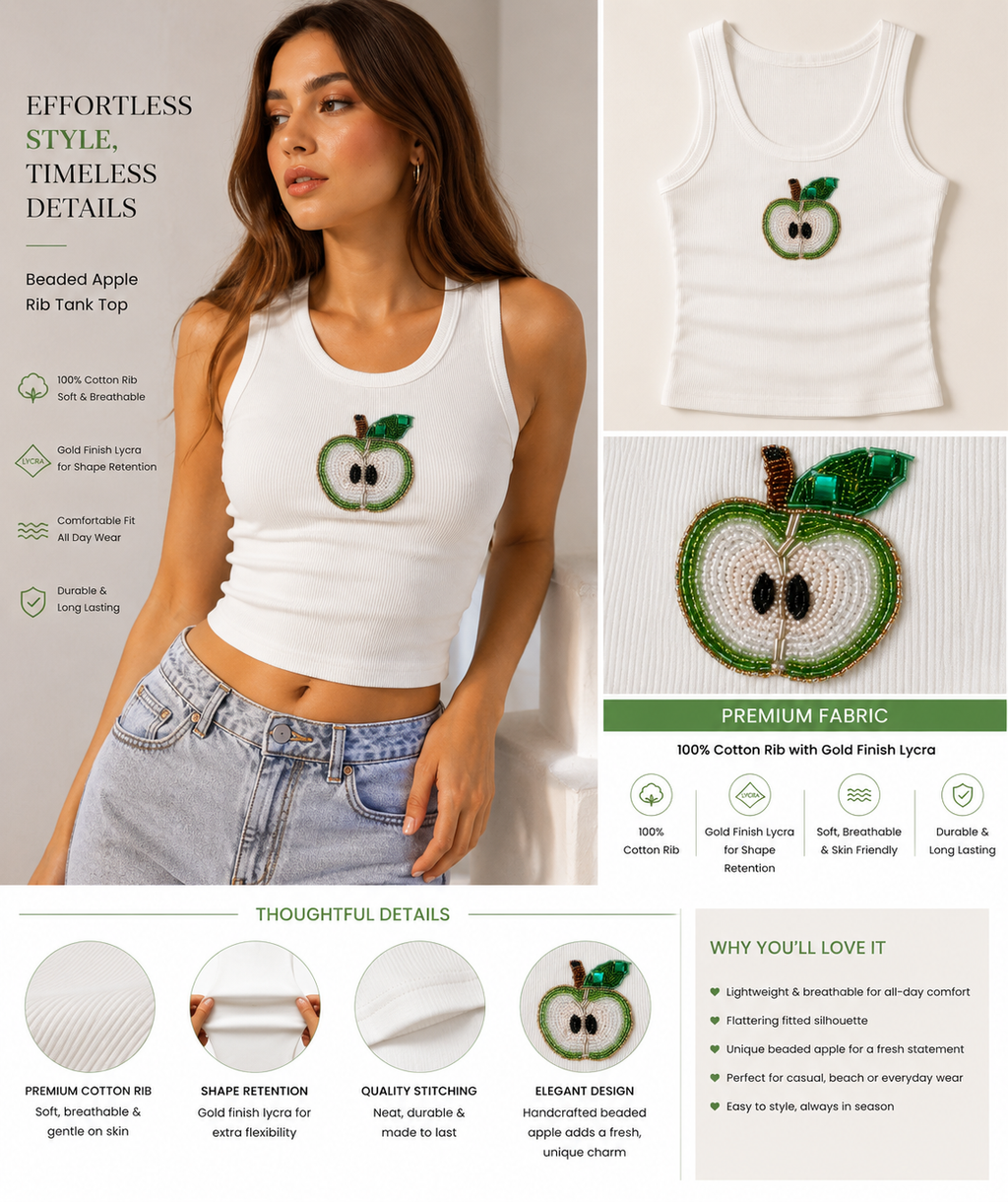 Emerald Apple Beaded Tank Top – Luxury Embellished Crop Top for Women