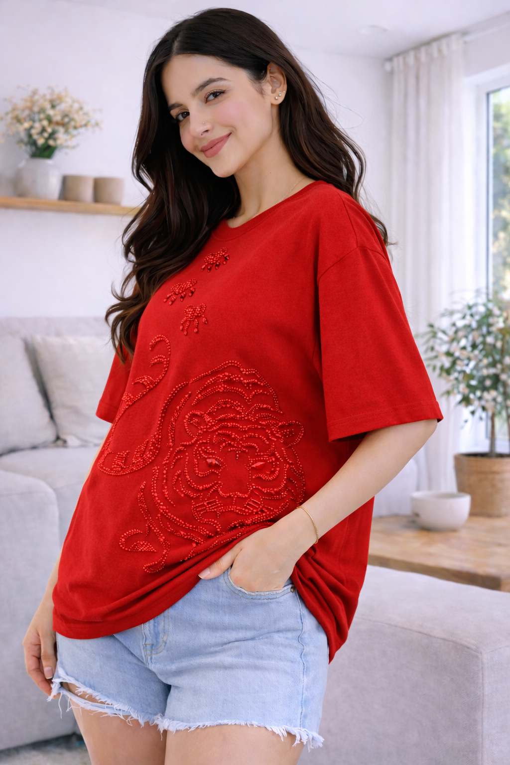 Tiger Luxury Embellished Tee – Hand Embroidered Oversized T-Shirt for Women