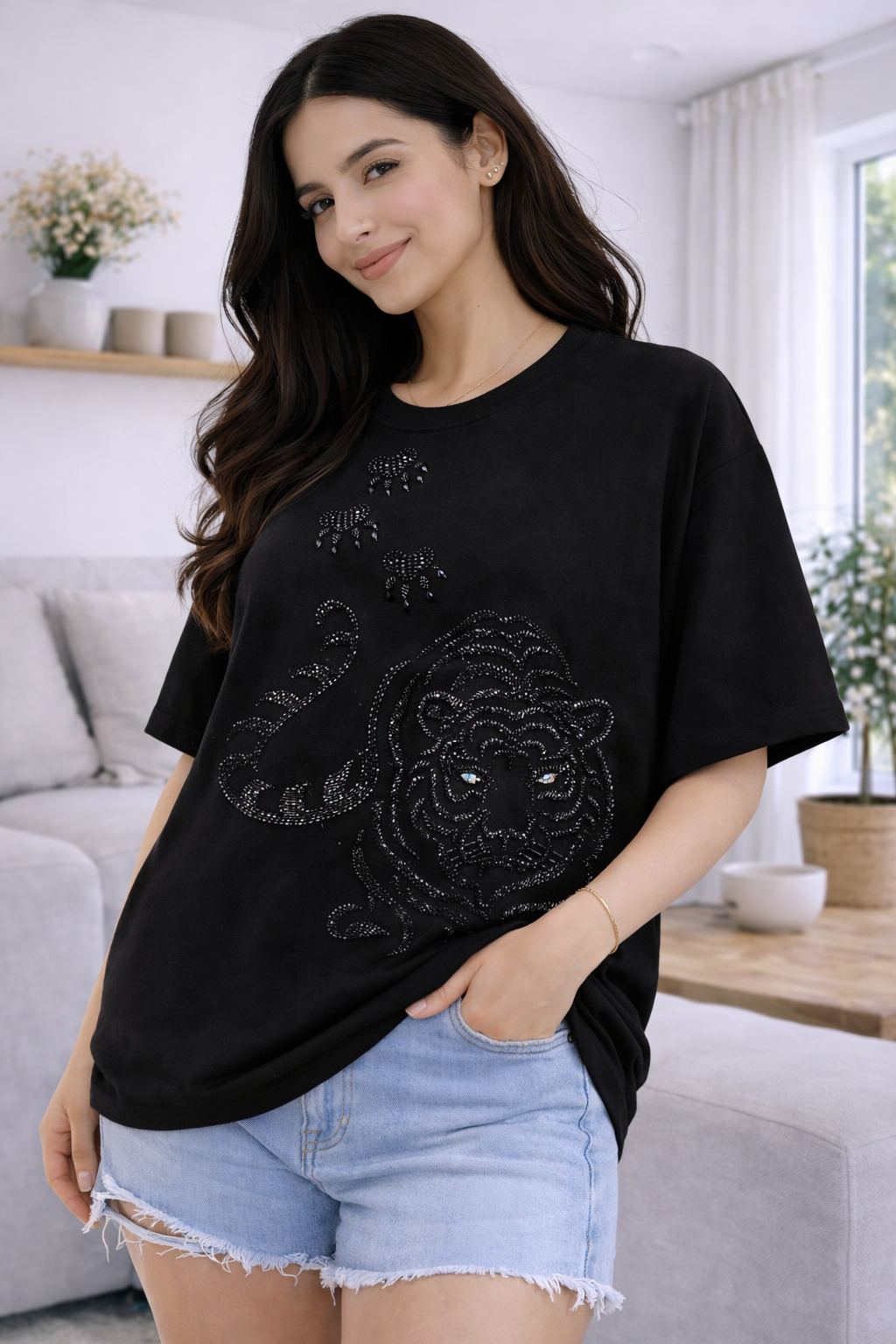 The Tiger Luxury Embellished Tee – Premium Hand Embroidered Oversized T-Shirt for Women